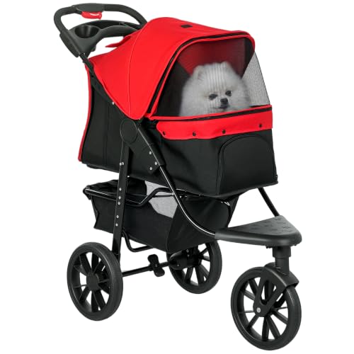 Image of PawHut Dog Stroller Foldable Pet Pram for Small Breeds Cats, 3 Wheels Red