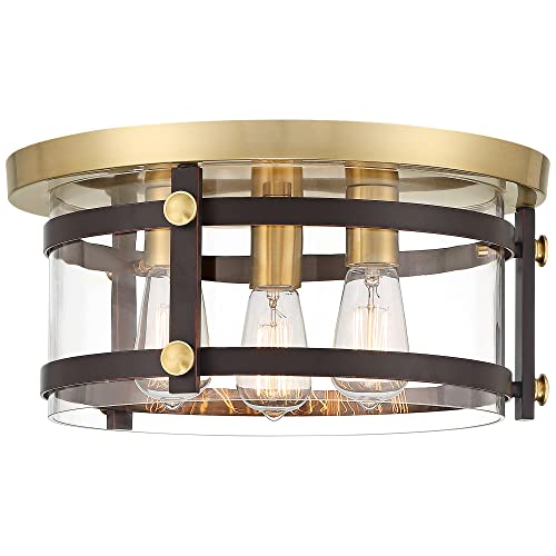 Franklin Iron Works Davis Modern Industrial Ceiling Light Flush-Mount Fixture 15 1/2" Wide Gold Bronze 3-Light Led Clear Glass Shade For Bedroom Kitchen Living Room Hallway Bathroom House Home #TOP7