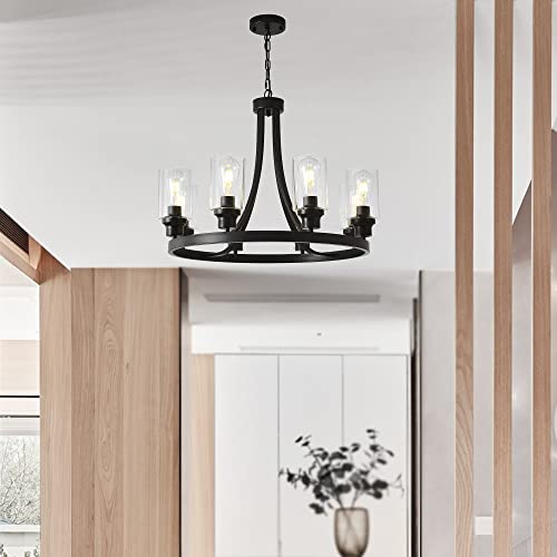Sivilynus Black Chandelier 8 Lights, Kitchen Island Lighting Industrial Chandelier With Clear Glass Shade, Farmhouse Pendant Light For Dining Room Living Room Bedroom #TOP1