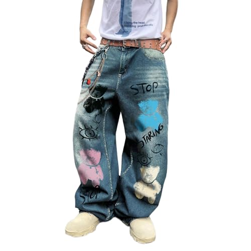 Baggy Jeans Men Graphic Bear Y2k Wide Leg Denim Pants with Metal Chain Design Streetwear for Skater Jeans Hip Pop