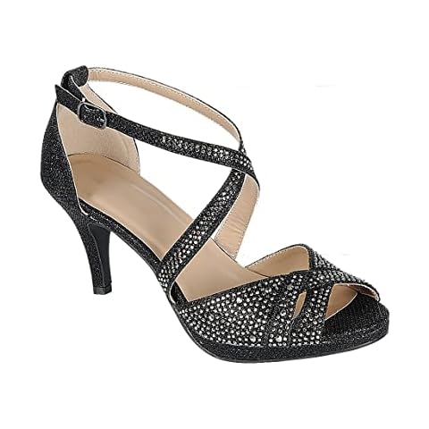 ABSOLEX Women's Cross strappy Open Toe Glitter Rhinestone Dressy/Party/Wedding Mid Pump Heel Sandal, Black, Size 10 Cover