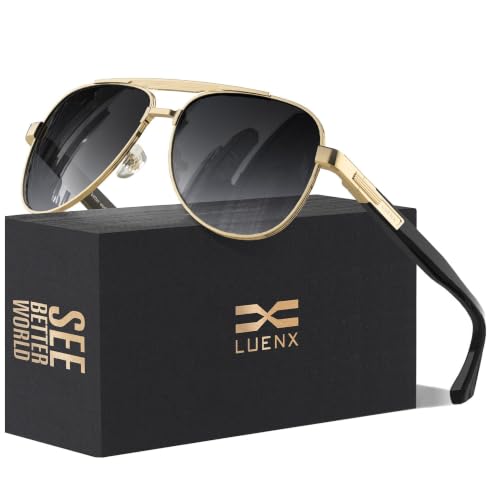 Image of Luenx Sunglasses for Men Women Polarized Shades Driving UV 400 Protection Fashion 60mm -Gradient Black Lens Gold Metal Frame