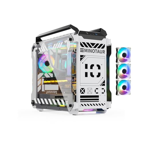 MegaPC Mino Open-Frame ATX Gaming Case – Industrial Design, Tempered Glass Panels, High Airflow, ARGB Lighting, USB-C Port (Black/White/Print Stream, with Fans Only)