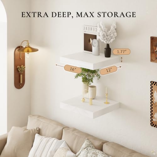 Image of 24 inch Extra Deep Floating Shelves, Set of 2, White Finish | 24 inchL x 12 inchD x 1.8 inchH, Set of 2, Solid Paulownia Wood, Painted White Finish, Hidden Brackets, Hardware Included