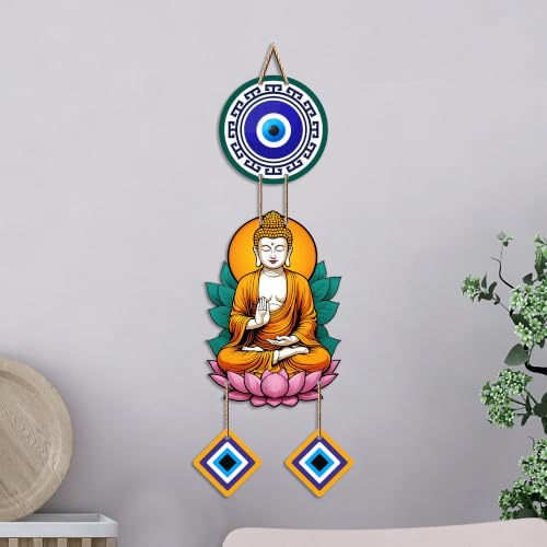 Image of Artvibes Buddha Lotus Meditation Wall Hanging with Evil Eye Charms | Spiritual Decor for Yoga & Prayer Spaces | Decorative Wooden Hanging Ornament for Living Room | Positive Energy Wall Art (WH 8598N)