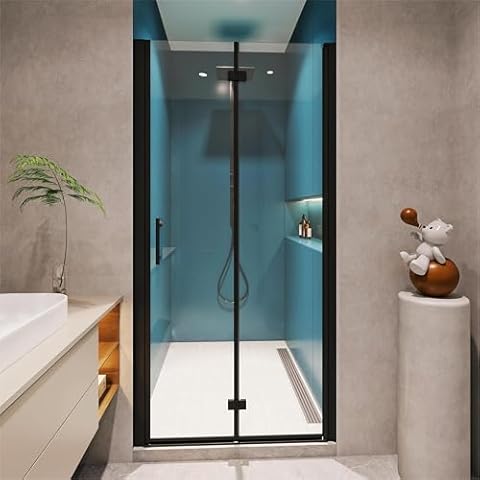 Findepot 34" W x 72" H Bi-Fold Glass Shower Door, 1/4" Fold Clear Glass Shower Panel Pivot Swing Frameless Shower Doors, Matte Black Cover