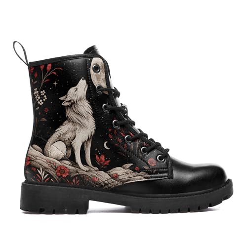 Gothic Combat Ankle Boots for Women Animal Artwork Lace-Up Vegan Leather Booties Punk Rock Chuncky Heel Fashion Black Boot