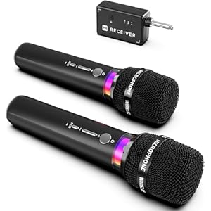 Wireless Microphone, Rechargeable Wireless Microphones with One-to-One Chip Connection and LED Lights, 40H Duration, 200FT Range Receiving, Less Latency Karaoke Microphone for Singing, Speech, Party