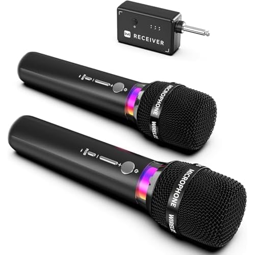 Wireless Microphone, Rechargeable Wireless Microphones with One-to-One Chip Connection and LED Lights, 40H Duration, 200FT Range Receiving, Less Latency Karaoke Microphone for Singing, Speech, Party