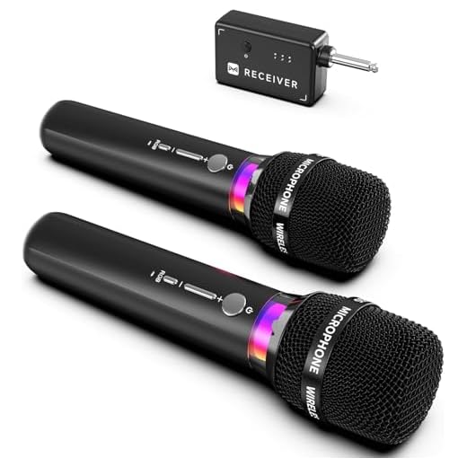 Microfono Wireless, Microfoni Wireless Ricaricabili Doppi Con Connessione Chip Uno a Uno e Luci LED, Durata 40 Ore, Portata di Ricezione 200 Piedi, Microfono Karaoke a Latenza Ridotta per Cantare