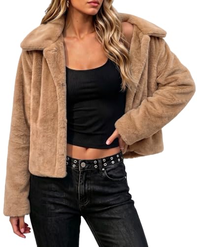 luvamia Casual Faux Fur Womens Jackets Fall Khaki Western Coats for Women | Fall, Casual, Holiday Outfits, Size Medium US8-10, Women's Winter Coat, Faux Fur Short Jacket, Khaki Jacket, Oversized Coat