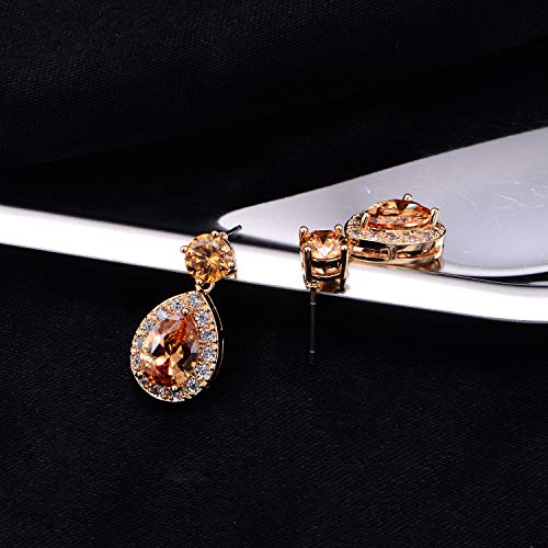 Citrine Dangle Earrings For Women - Small Sterling Silver Halo Round Teardrop Champagne Crystal Cubic Zirconia Cz Bridal Drop Earrings For Wedding Bride Bridesmaids Gift Dance Earring For Girls #TOP4