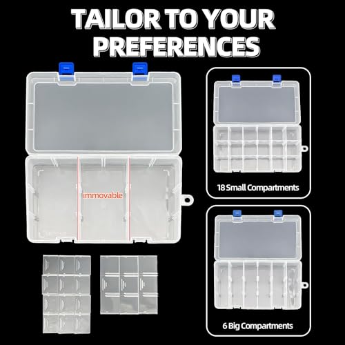 Image of DUOFIRE Plastic Organizer Storage Box, Adjustable Divider 18 Grids, 3 Pack | Clear Removable Compartment Storage Box for Jewelry, Beads, Earrings, Fishing Hooks, Craft, Screws, Nails, Small Tools