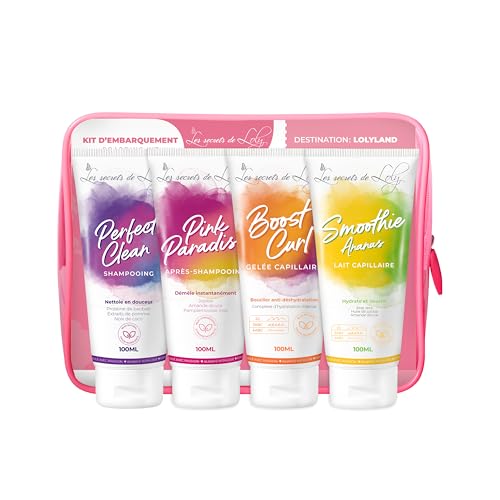 Les Secrets de Loly - Trousse de Voyage Cheveux Frisés - 4 Soins 100ml - Shampooing + Après-Shampooing + Gelée + Lait Capillaire - Format Cabine