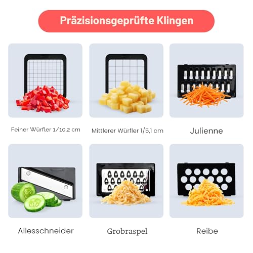 Fullstar Gemüseschneider und Mandoline Gemüsehobel - Julienne- und Würfelschneider für Gurken Zwiebeln Kartoffeln Früchte - Reibe für Gemüse Käse - Küchenzubehör Küchengeräte (6-in-1 PRO Weiß) 4
