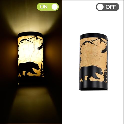 Image of Black Wall Sconces,Bear Metal Yellow Parchment Rustic Wall Sconces,Farmhouse E26 Base Hallway Wall Light Fixtures,Industrial Indoor Wall Lamps for Living Room,Bedroom,Bedside(Hardwired Only)
