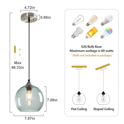 LBSQJ Light Green Seeded Glass Pendant Lights Kitchen Island 1 Pack, 7.87in by LBSQJ - Used condition - Image 2