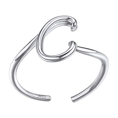 Women Girls 925 Sterling Silver Name Ring, Statement Stackable Initial A to Z Ring Small Dainty Letter C End Open Ring with Gift Box