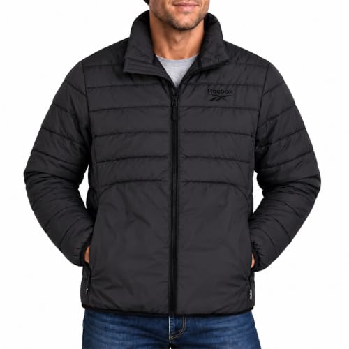 Reebok Mens Puffer Jacket No Hood, Lightweight Quilted Winter Coat | Water Resistant Stand Collar Puffy Jacket, Insulated Light Jacket, Fall Jackets, Warm Casual Jacket, Hidden Zip Pockets