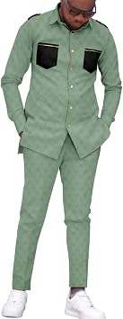 African Suit for Men 2 Piece Set Traditional Printed Long Sleeve Shirt and Pants Outfit Ethnic Suit Button Up Tops Color Black, Size Large