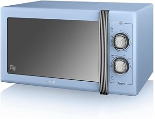 Swan SM22070LBLN Retro Manual Microwave with Glass Turntable, 6 Power Levels & Defrost Setting, 25L, 900W, Blue