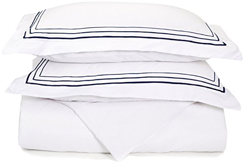 Super Soft Light Weight, 100% Brushed Microfiber, Full/Queen, Wrinkle Resistant, White Duvet Cover with Navy Blue 3 Line Embroidered Pillowshams in Gift Box