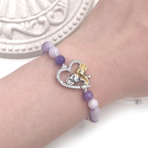 Image of Double Elephant Heart Charm Natural Crystal Bracelet, Treatment Stone Bracelet Calm Stretch Bracelet Women's Stress Relief Gift for Moms I Love You Couple Jewelry