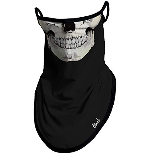 Obacle Bandana Face Mask with Ear Loops Neck Gaiter Face Mask Scarf Face Cover for Men Women (Skull White Face Black Nose)