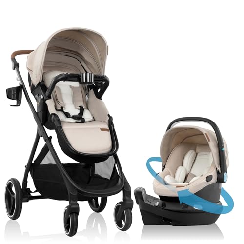 Image of Evenflo Shyft Intuiti+ Travel System Revolve180 LiteMax NXT Rotational Infant Car Seat with SensorySoothe (Champagne)