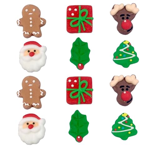 Sentovac 12 Pcs Christmas Icing Decoration Santa Claus Christmas Tree Christmas Leaf Gingerbread Man Deer head Gifts Mix Candy Dessert Edible For Cookie Cake Cupcake Topper Icing Decoration Supplies