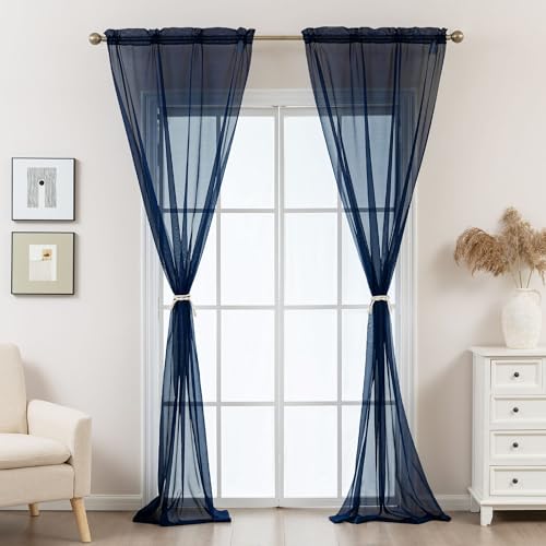 Image of Navy Blue Sheer Curtains 63 Inch Length, Privacy Semi Sheer Curtains for Living Room Bedroom, Light Filtering Rod Pocket Voile Window Drapes 2 Panels Set, Each 42 inch W x 63 inch L