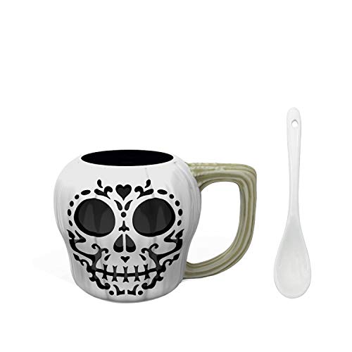 Zak Designs Halloween Collectibles Unique 3D Character Sculpted Ceramic Coffee Mug with Ceramic Spoon, Collectible Keepsake and Wonderful Coffee Mug (15.5 oz, Dia de los Muertos, BPA-Free)