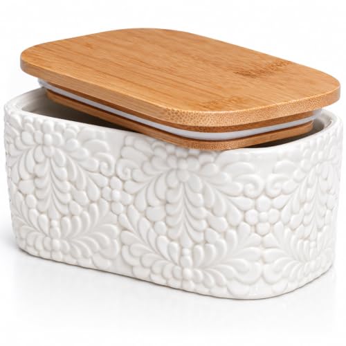 Ceramic Butter Dish with Airtight Bamboo Lid, Large 2-Stick Butter Keeper | East & West Coast Butter Sticks • Airtight Silicone Seal • Slice Butter on Bamboo Lid • Microwave • Dishwasher • Fridge Safe