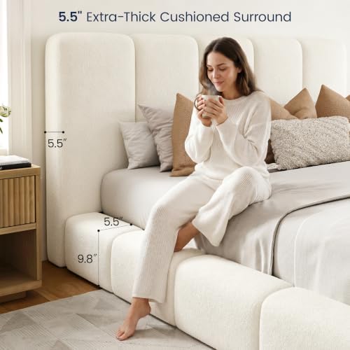 Regmuse Queen Cloud Bed Frame - Cream Upholstered Bedframe with Headboard - 2