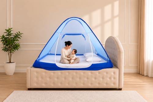 Image of Healthy Sleeping Mosquito Net | Double Bed | Supreme King Size Bed | Foldable Machardani with 2 Side Zipper Opening | Strong 30GSM Polyester Net | PVC Coated Steel Wire (Blue)