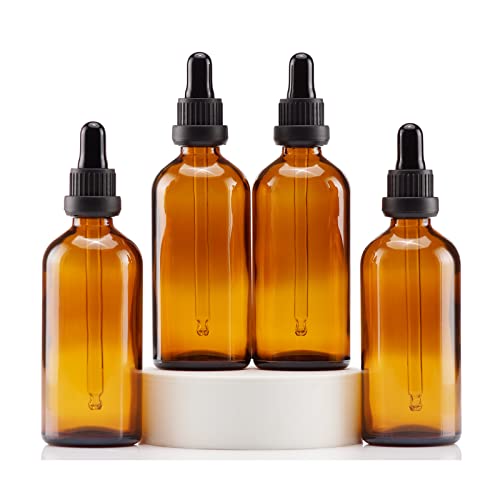 Yizhao 4oz Amber Dropper Bottle, 100ml Glass Tincture Bottle with [Glass Eye Dropper], for Essential Oils,Travel,Aromatherapy,Laboratory–4 Pcs by YIZHAO - Used condition - CA$17.58