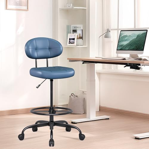 Image of Misolant Drafting Chair Without Arms, Tall Office Chair with Footrest Ring for Standing Desk, Small Faux Leather Executive Chair with Adjustable Height for Bar Lab Counter Height Desk, Navy Blue