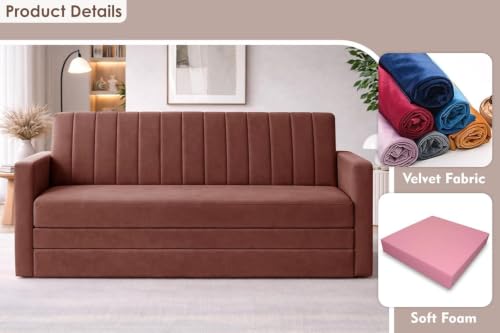 Image of Rosebell Foldable 3-Seater Sofa-Cum-Bed | 3-in-One Convertible Couch with Armrest | Modern Fabric Sofa for Living Room, & Office-Brown