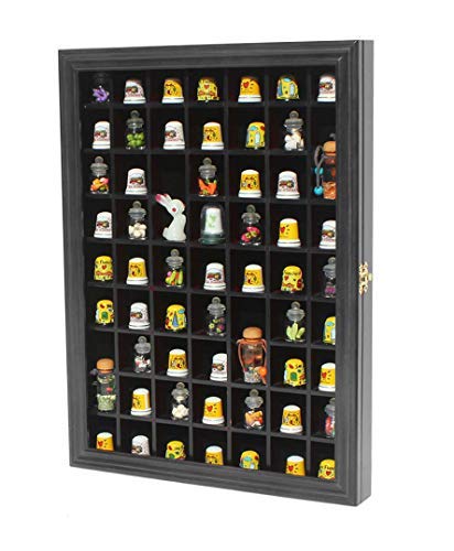 59-Opening Souvenir Thimble Small Miniature Display Case Cabinet Rack Holder, Glass Door, (Black)