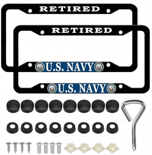 Image of 2PCS License Plate Frames for Retired U.S.Navy,Car License Plate Bracket Holder, Premium Aluminum Alloy Weather Proof License Plate Covers with Screw Caps Cover Set Car Accessories