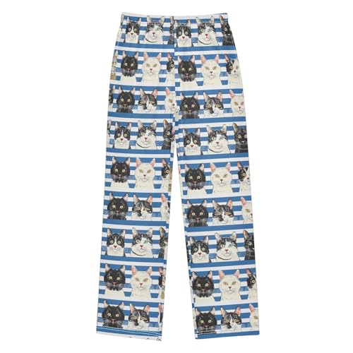 Cats on Blue and White Striped Pajamas Bottoms with Pockets Comfy Pjs Sleepwear Elastic Waistband Pajamas Pants Lounge Pants for 6-14 Years