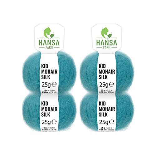 HANSA-FARM Laine Kid Mohair Premium avec Soie dans 20 Couleurs - Kit de 100g (4 x 25g) - 72% de Mohair, 28% de Soie - Laine de Haute qualité pour Tricot et Crochet de Turquoise/Bleu Cover