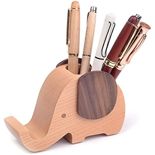 Artinova Elephant Wooden Pen Cup Pencil Holder for Desk Decor Desk Organizer with Cell Phone Stand ARTA-0057