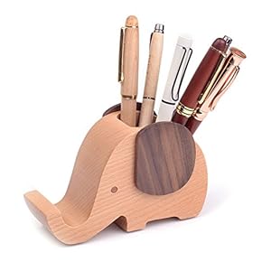 Artinova Elephant Wooden Pen Cup Pencil Holder for Desk Decor Desk Organizer with Cell Phone Stand ARTA-0057