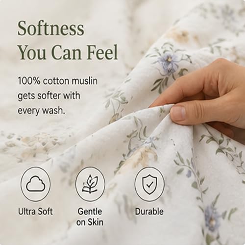 Image of FADFAY King Size Sheets Floral Cooling Bed Sheet Set Muslin Cotton Chic Beige Green French Country Style Bedding Luxury Super Soft Breathable Crisp Bed Deep Pocket Fitted Sheet 4 Pcs
