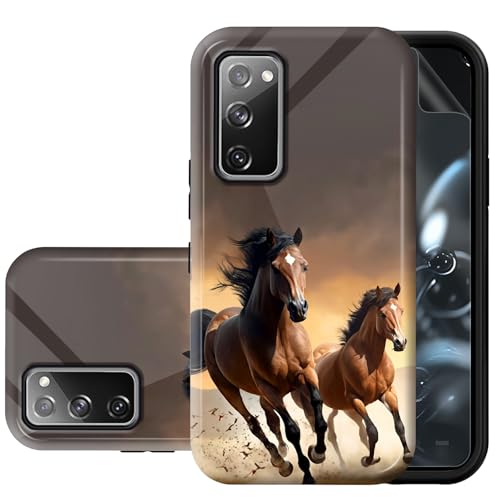 BREIDMKFM for Samsung Galaxy S20 FE Case with Screen Protector,Slim Heavy Duty Rugged Dual Layer Hard PC & Soft TPU Bumper,Scratch Resistant Glossy Cute Patterns Cover,Cute Horse Couple