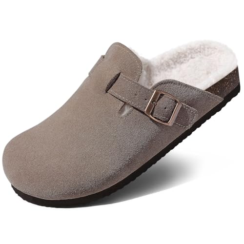 KIDMI Women's Fur Lined Suede Clogs Fuzzy Cork Footbed Mules Slip On Winter Potato Shoes, Mocha 41 (Size 9.5)