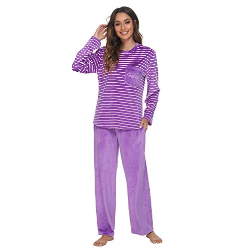 U2SKIIN Conjunto de pijama feminino de lã, listrado, pijama feminino macio, Violet-white Stripe/Viol
