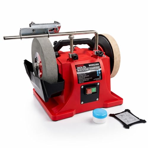LUMBER JACK Whetstone Wet Stone Sharpener System 200mm with Leather Honing Wheel, Electric Grinding & Polishing Tool 180W