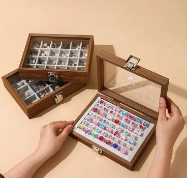 Image of KRISHYAM Wooden Jewelry Case with Glass Lid 7 Compartments Velvet Ring Box for Rings, Earrings